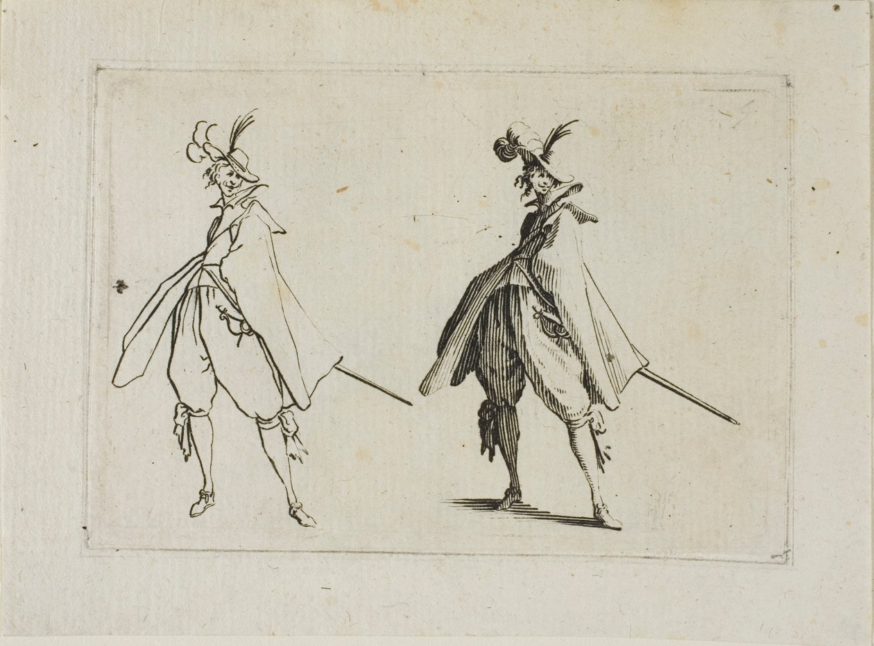 The Capricesin herrasmies, jolla on suuri takki, edestä katsottuna tekijältä Jacques Callot