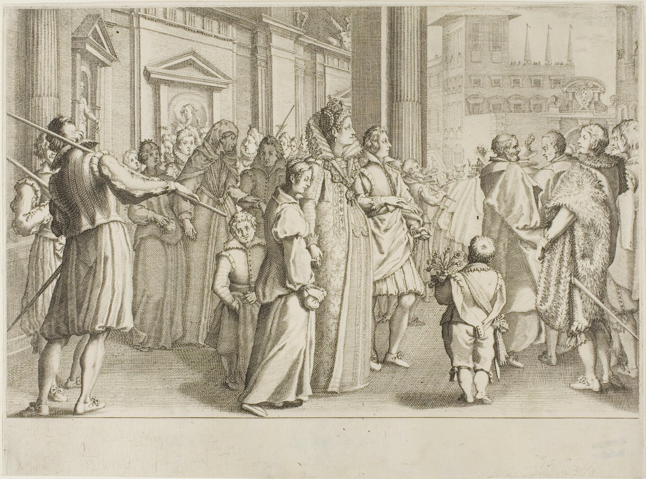 Suurherttuatar Christine of Lorraine saattaa kirkon nuorille, joita hän ottaa suojeluksensa tekijältä Jacques Callot