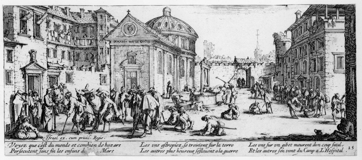 Sairaala, levy 15 Sodan kurjuudesta ja vastoinkäymisistä, kaiverrus Israel Henriet (n. 1590-1661) 1633 tekijältä Jacques Callot