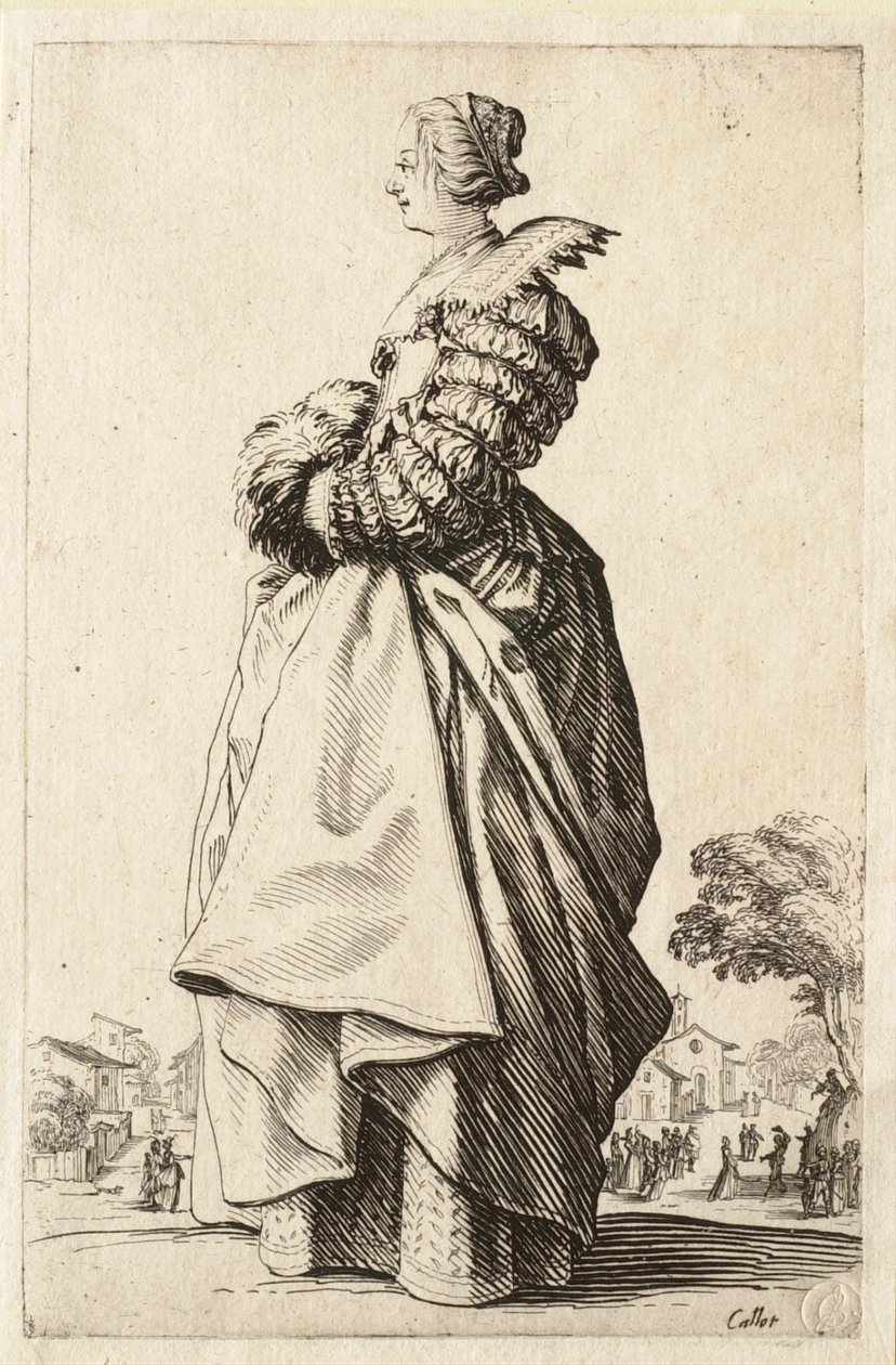 Nainen sivukuvassa kädet muhvissaan tekijältä Jacques Callot