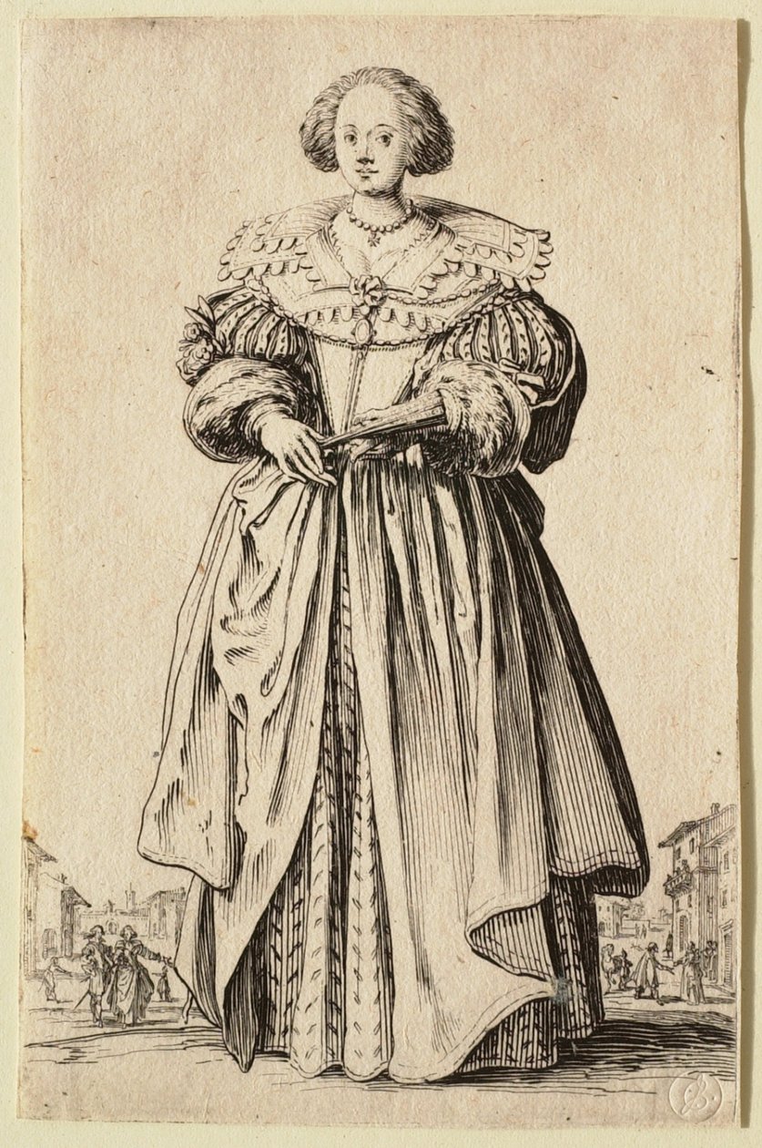 Viuhkaa pitelevä nainen tekijältä Jacques Callot