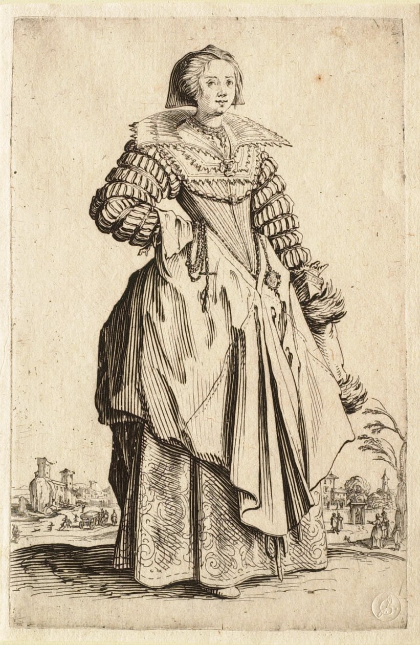 The Lady with the Large Collar and the Headdress Falling Back (Nainen, jolla on suuri kaulus ja taaksepäin laskeutuva päähine) tekijältä Jacques Callot