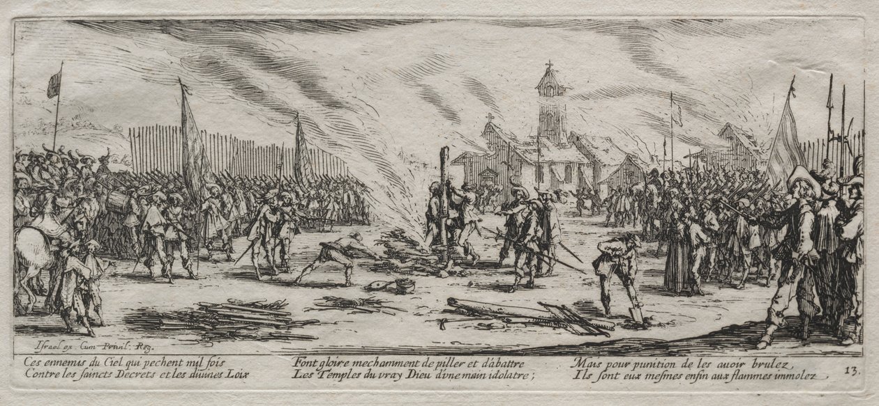 Sodan suuret kurjuudet: Polttaminen roviolla, 1633. tekijältä Jacques Callot
