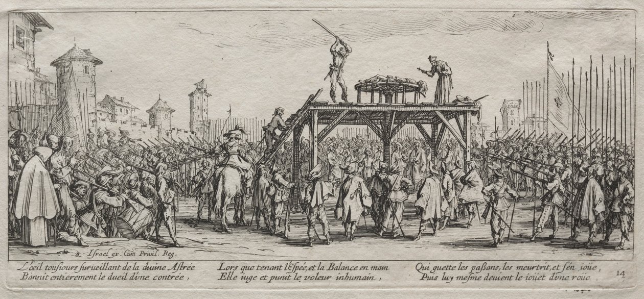 Sodan suuret kurjuudet: teloitus pyörässä, 1633. tekijältä Jacques Callot