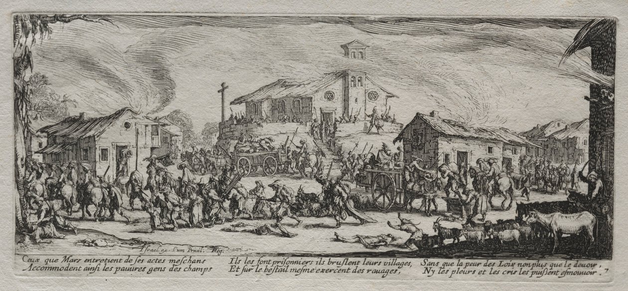 Sodan suuret kurjuudet: kylän ryöstäminen ja polttaminen, 1633. tekijältä Jacques Callot
