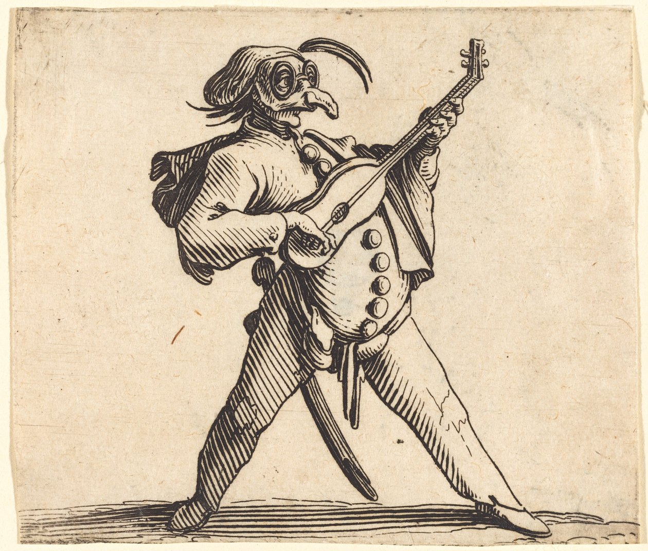 Naamioitunut koomikko soittamassa kitaraa tekijältä Jacques Callot