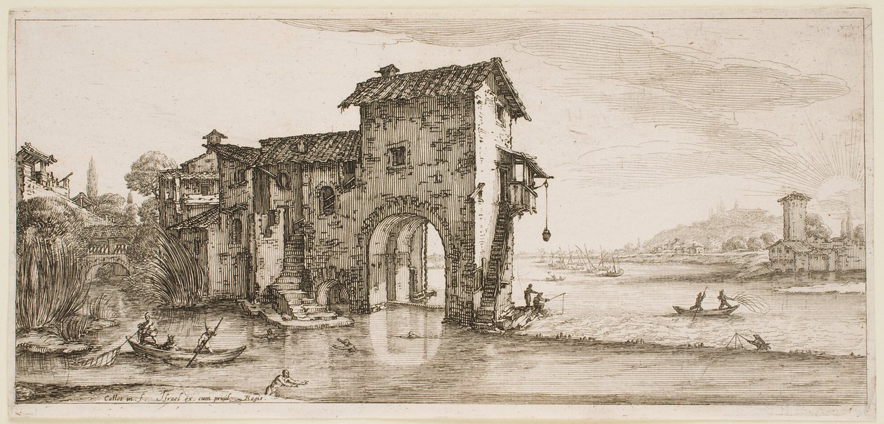 Mylly joen varrella, sarjasta "Firenzen maisemat" tekijältä Jacques Callot