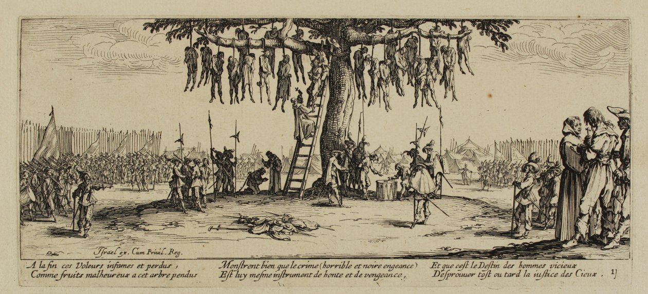 Sodan kurjuudet, nro 11. The Hanging, 1633 tekijältä Jacques Callot