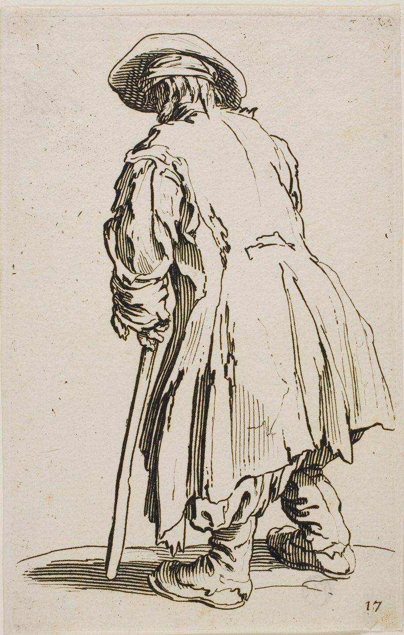 Vanha kerjäläinen nojaa kainalosauvaansa, The Beggarsin levy seitsemäntoista tekijältä Jacques Callot