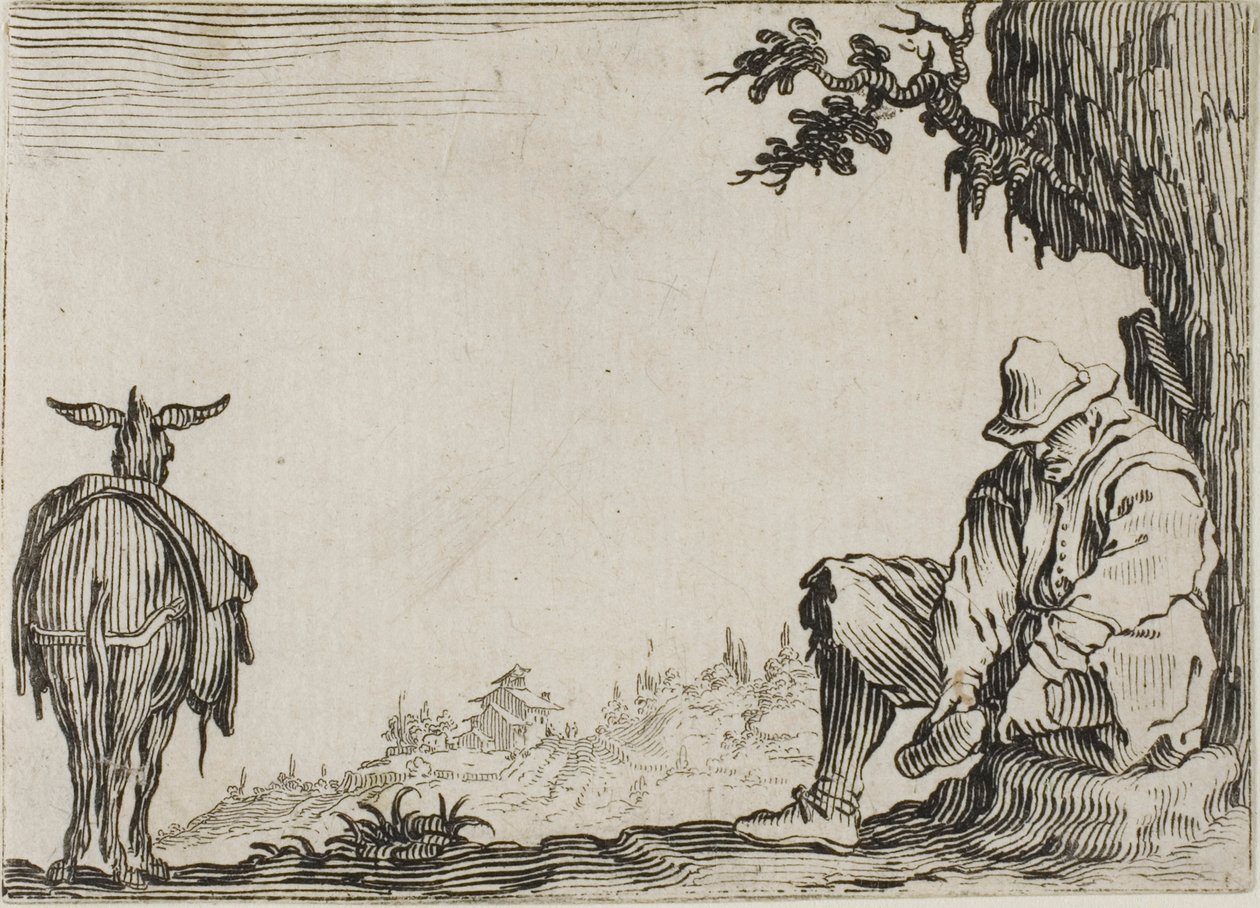 Talonpoika riisumassa kenkiään, Capricesista tekijältä Jacques Callot