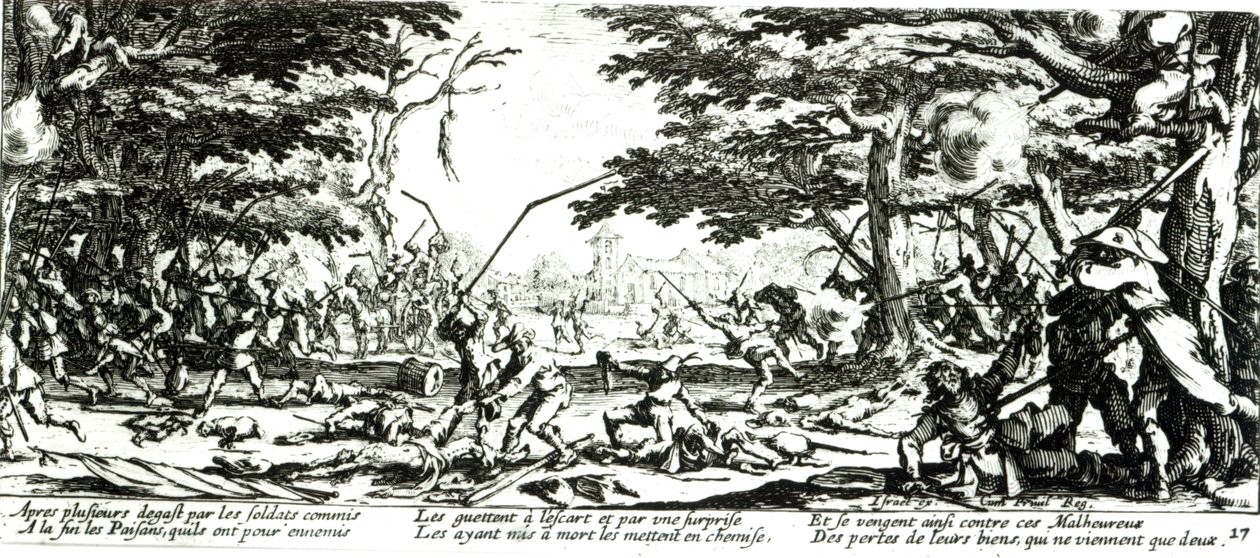 Talonpoikien kosto, levy 17 teoksesta "The Miseries and Fortunes of War", kaiverrettu Israel Henriet (n.1590-1661) 1633 tekijältä Jacques Callot
