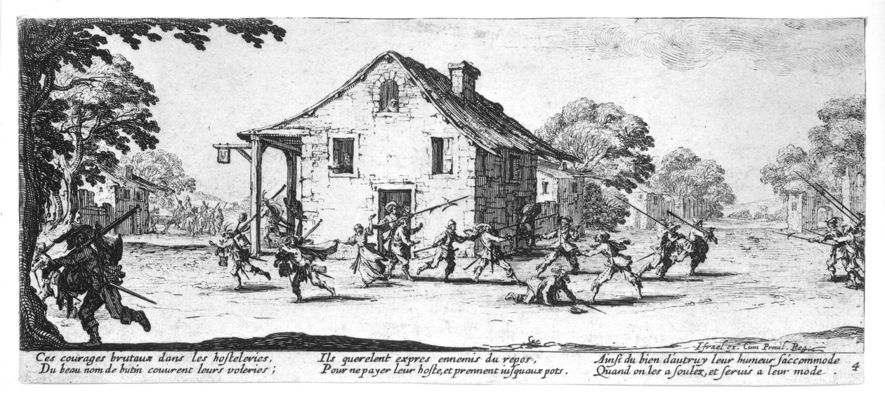 Majatalon ryöstö, levy 4 teoksesta "Sodan kurjuudet ja onnettomuudet", kaiverrettu Israel Henriet (noin 1590-1661) 1633. tekijältä Jacques Callot