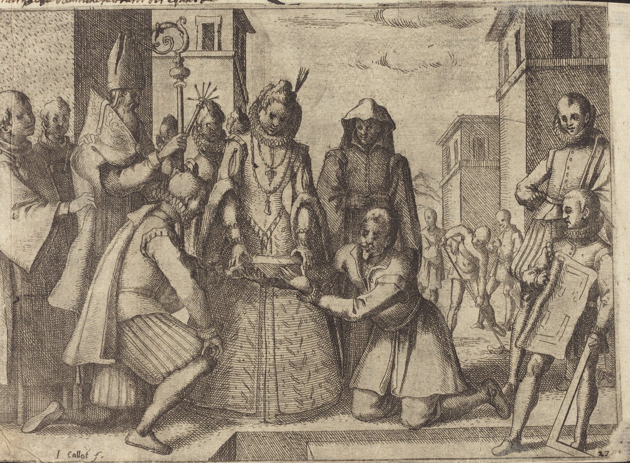 Kuningatar laskee ensimmäisen kiven Klarien kirkolle Espanjassa [verso] tekijältä Jacques Callot