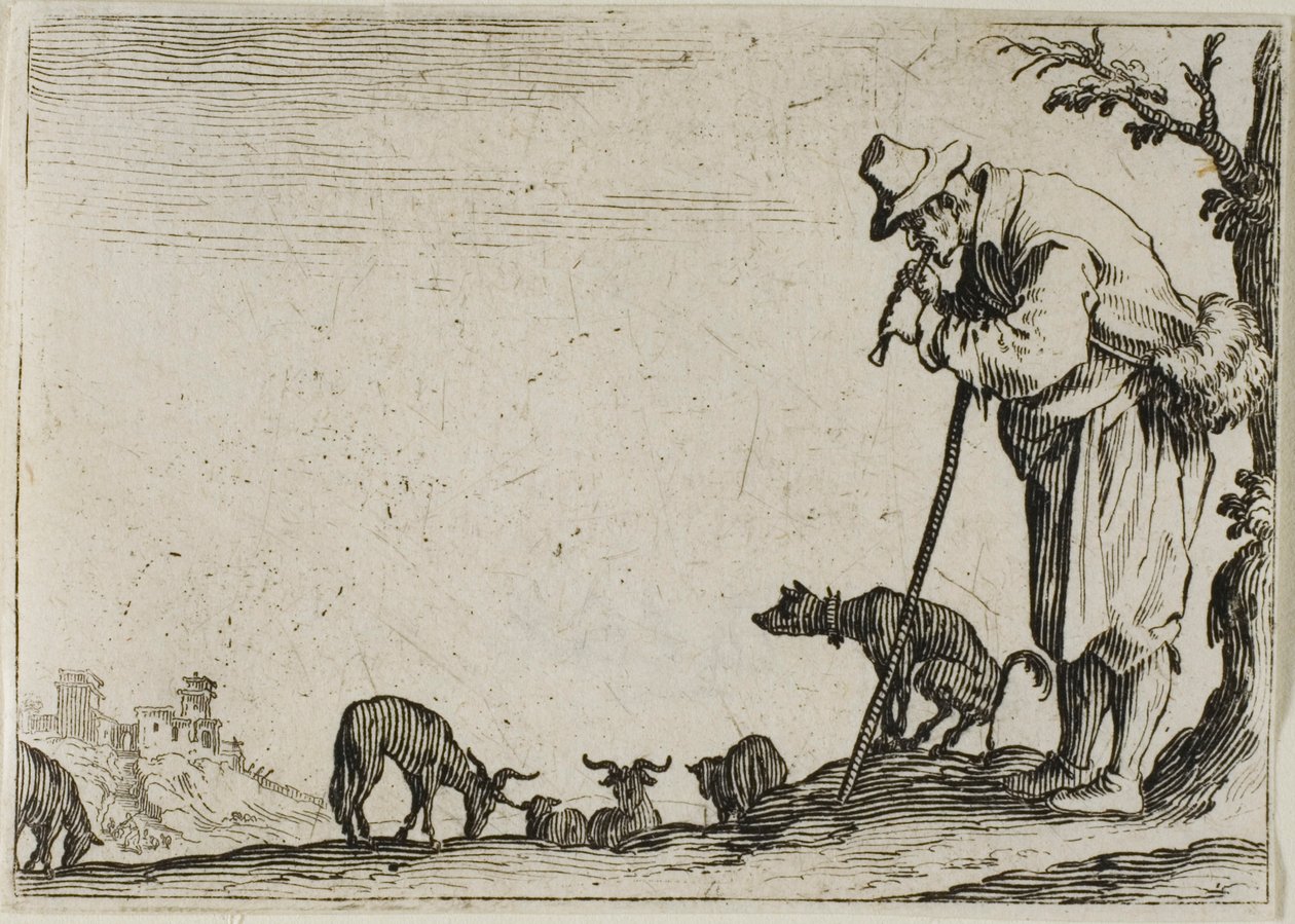 Huilua soittava paimen, The Capricesista tekijältä Jacques Callot
