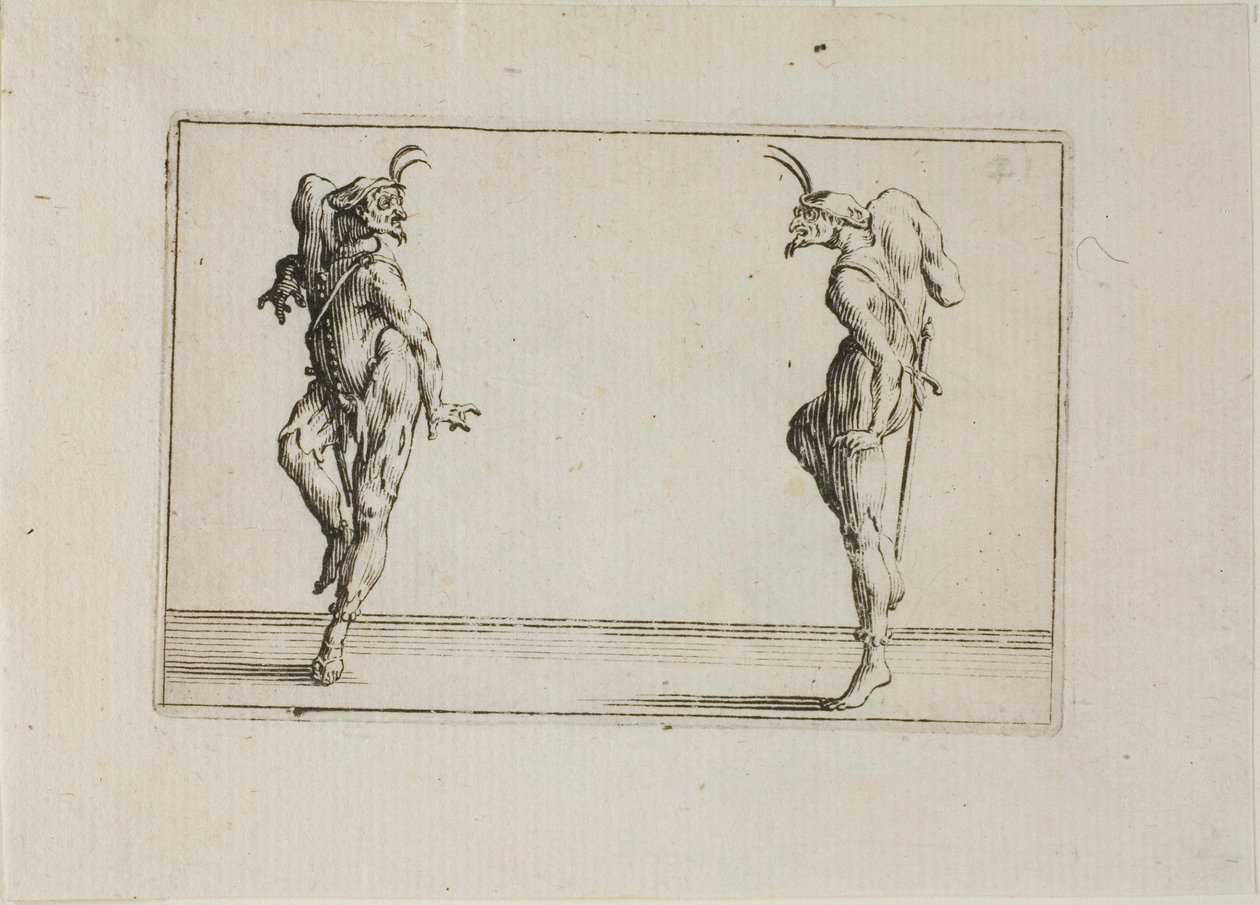 Kaksi Pantaloonia katselee toisiaan, teoksesta Caprices (Kapriisit) tekijältä Jacques Callot