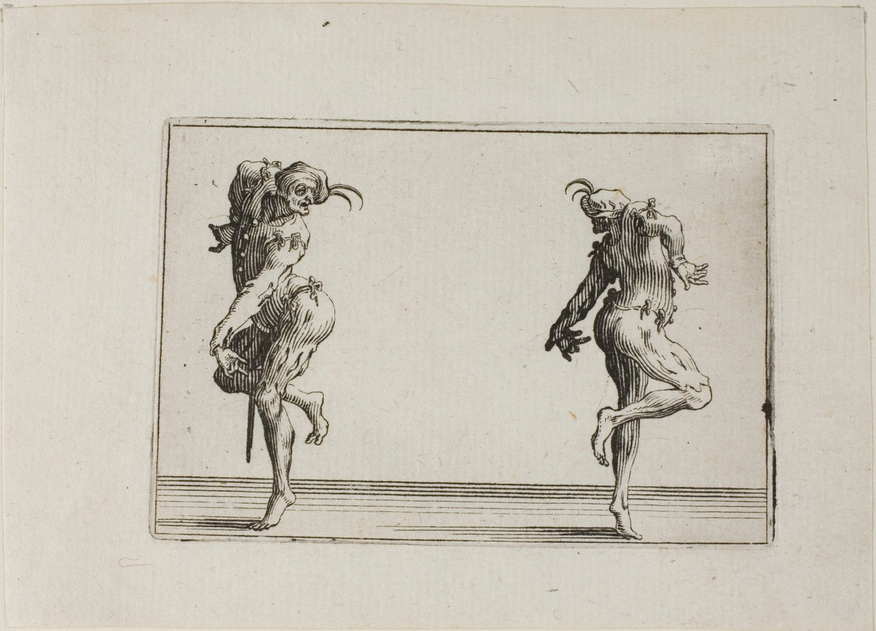 Kaksi Pantaloonia kääntää selkänsä, teoksesta Caprices (Kapriisit) tekijältä Jacques Callot