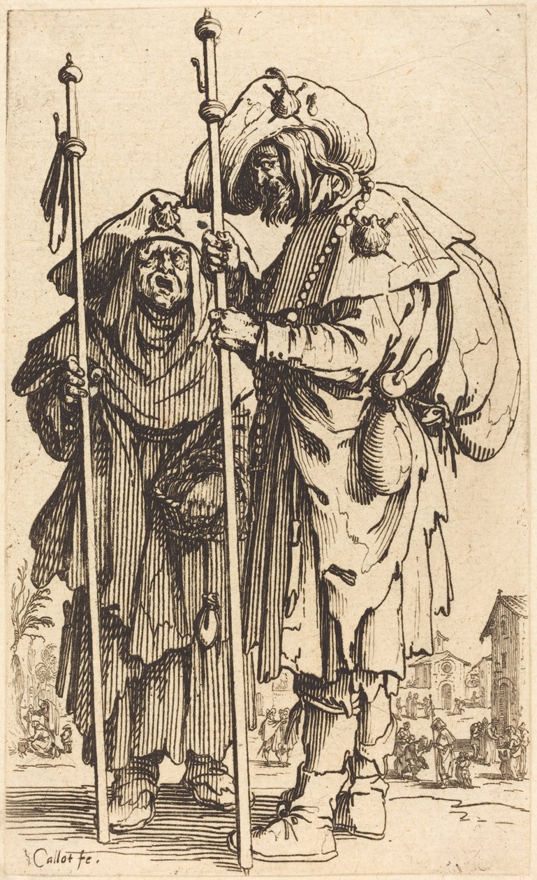 Kaksi pyhiinvaeltajaa, n. 1622. tekijältä Jacques Callot