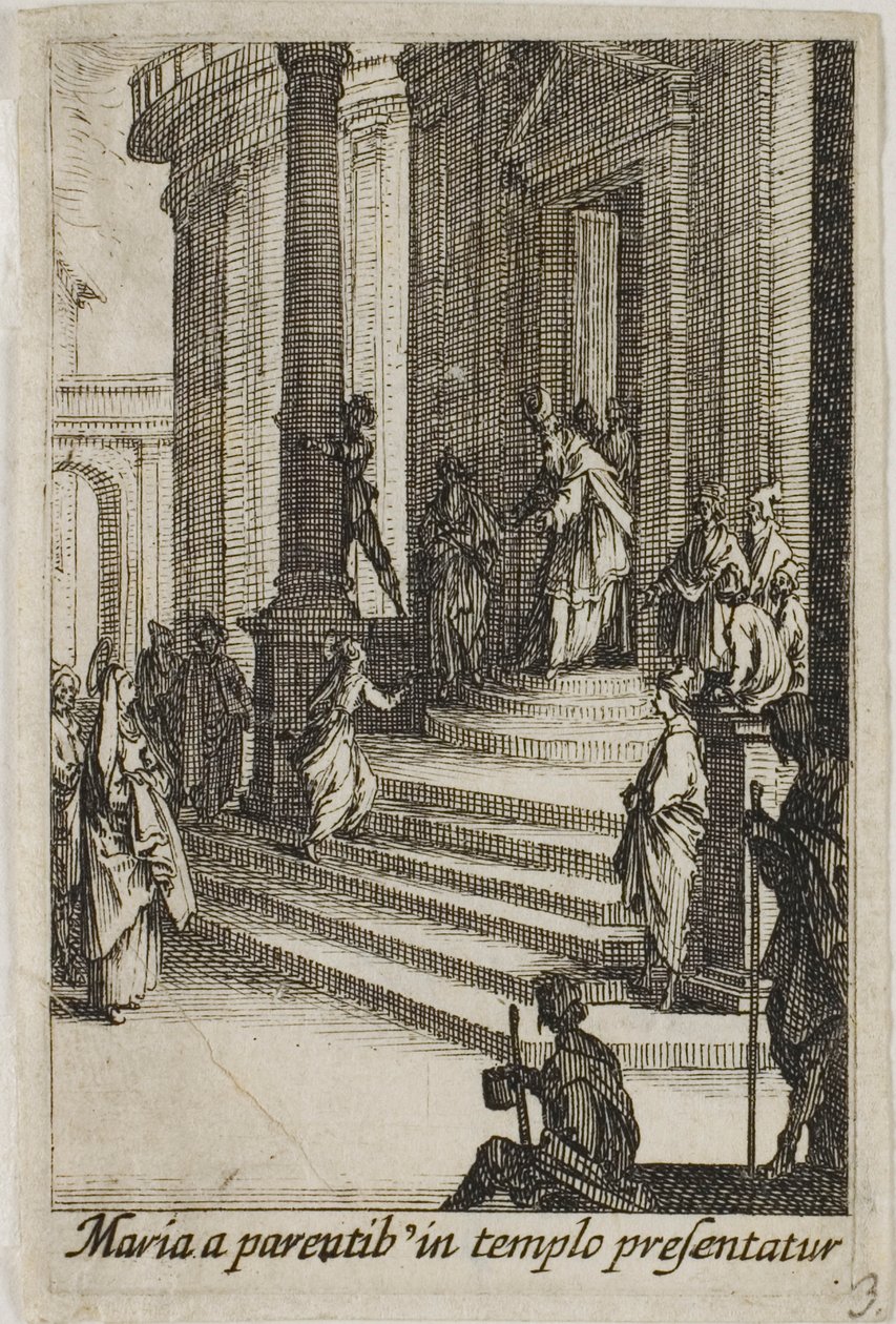 Neitsyt Maria esitellään temppelissä, Neitsyt Marian elämästä. tekijältä Jacques Callot