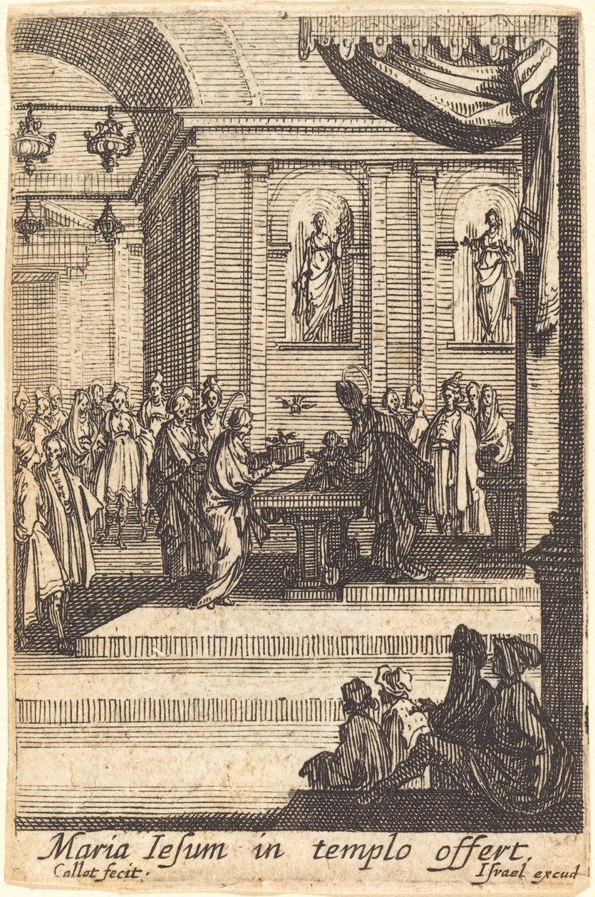 Neitsyt esittelee Jeesuksen temppelissä vuonna 1630 tai sen jälkeen. tekijältä Jacques Callot