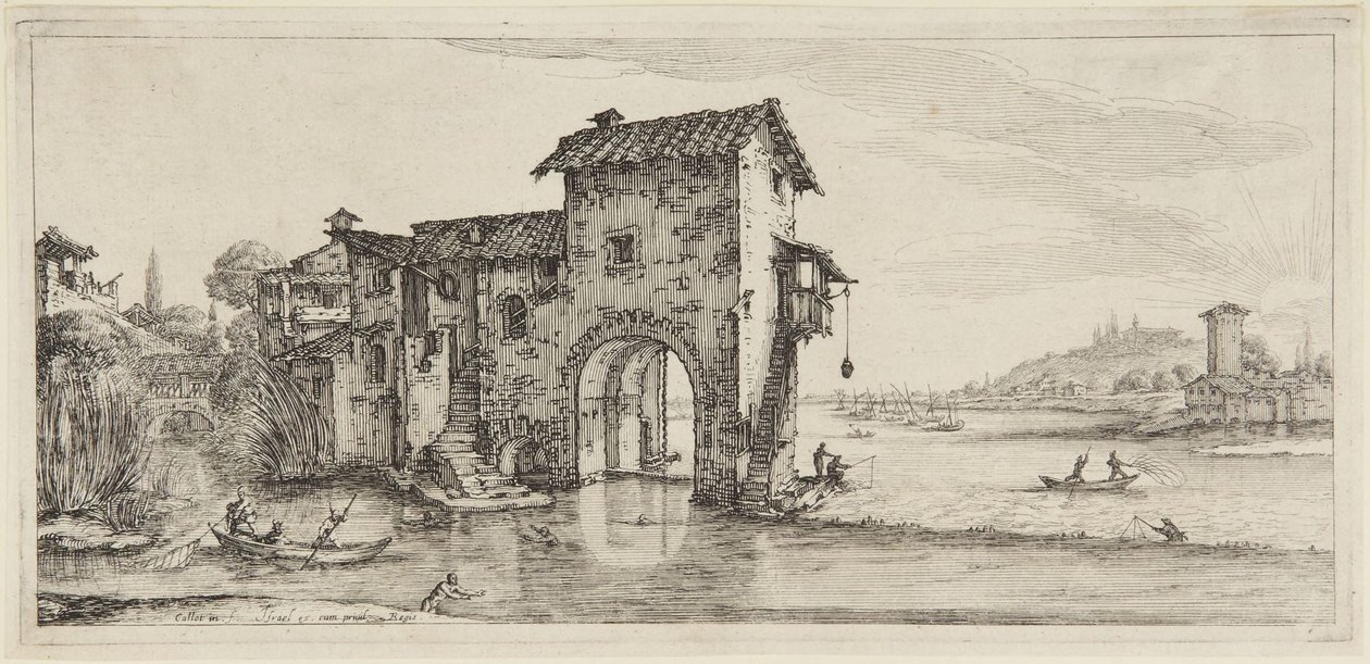 Vesimylly sarjasta Diverse Vedute Designate in Fiorenza (Firenzessä suunniteltuja erilaisia maisemia) tekijältä Jacques Callot