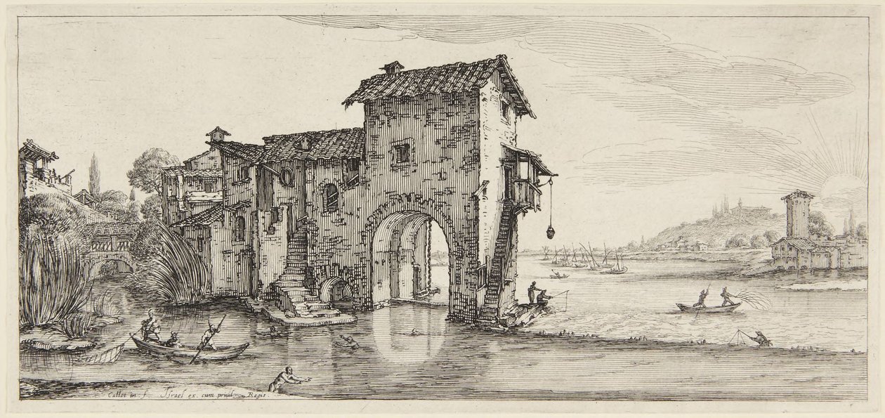 Vesimylly, sarjasta Paysages gravés pour Jean de Médicis, Paysages dessinés à Florence tekijältä Jacques Callot