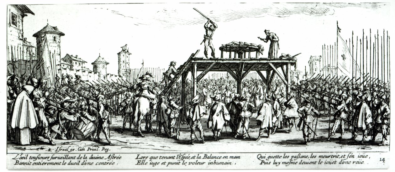 Pyörä, levy 14 teoksesta "The Miseries and Fortunes of War", kaiverrus Israel Henriet (n. 1590-1661) 1633 tekijältä Jacques Callot