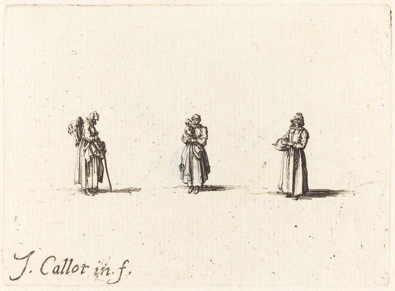Kolme naista, yksi kädessään lasta, luultavasti 1634. tekijältä Jacques Callot