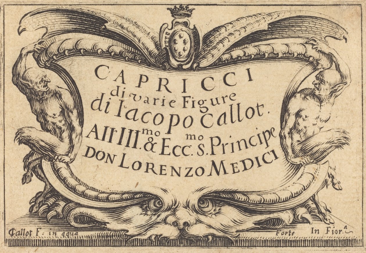 Nimisivu teokselle The Capricci, c. 1617. tekijältä Jacques Callot