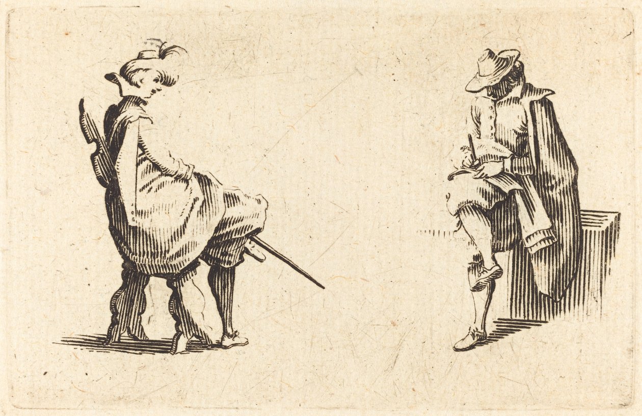 Kaksi istuvaa hahmoa, n. 1622. tekijältä Jacques Callot