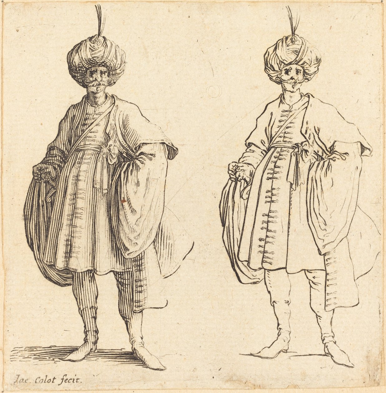 Kaksi turbaaniin pukeutunutta turkkilaista, joilla on höyhen tekijältä Jacques Callot