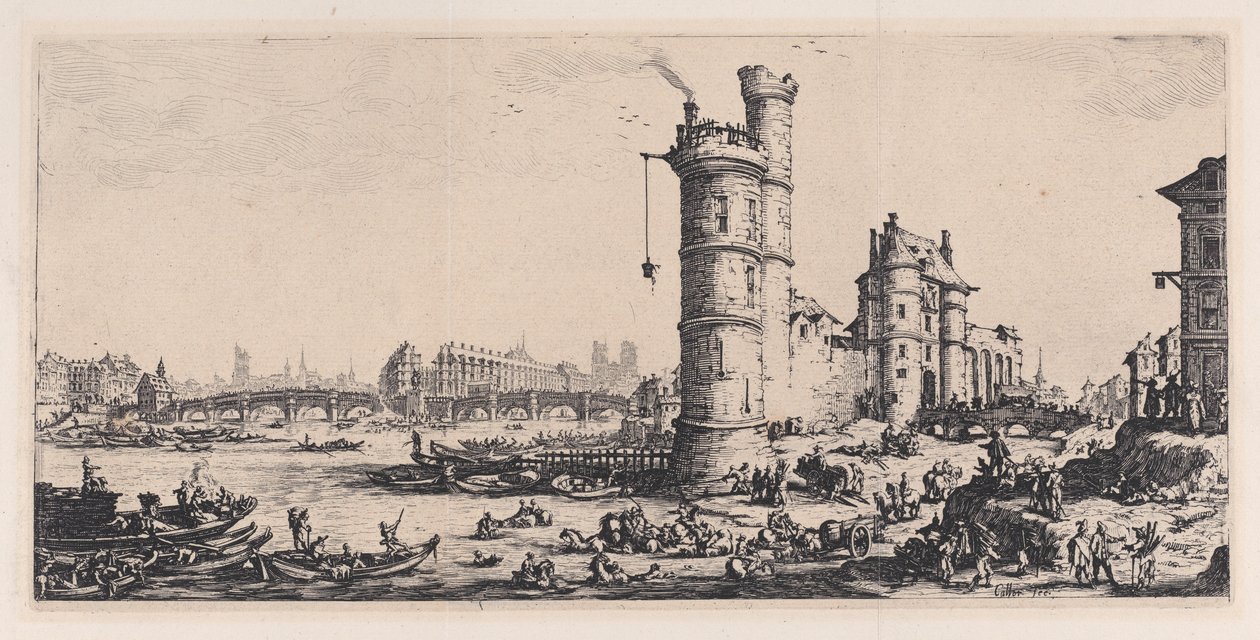 Näkymä Pont-Neufista (View of the Pont-Neuf), teoksesta ”Les Deux Grandes Vues de Paris” (Kaksi suurta näkymää Pariisista) tekijältä Jacques Callot