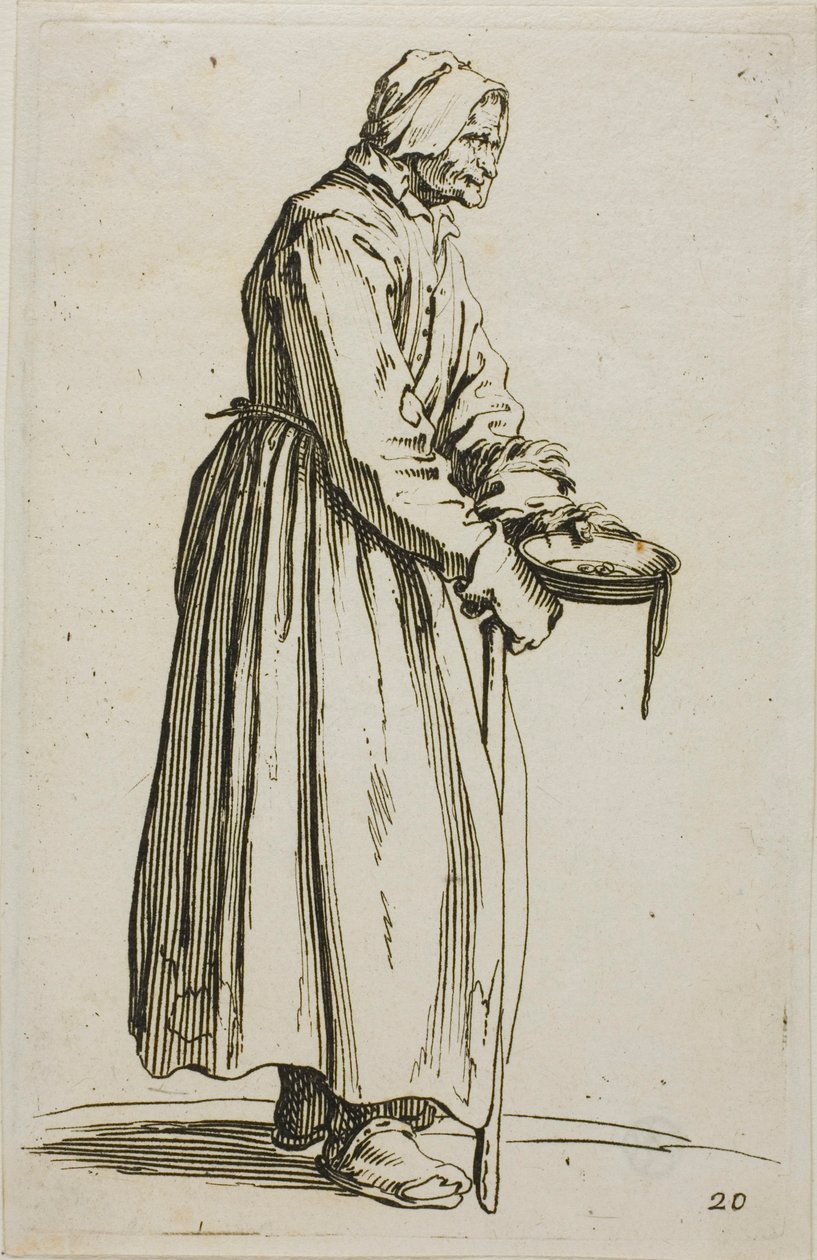 Nainen kerjäläinen pitelee almuja, levy 20, The Beggars tekijältä Jacques Callot