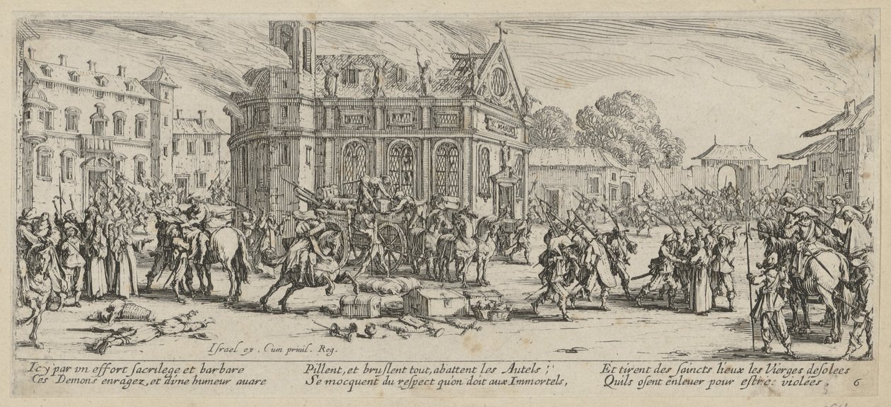 Luostarin tuhoaminen, sarjan ”Sodan kauhut” 6. sivu tekijältä Jacques Callot