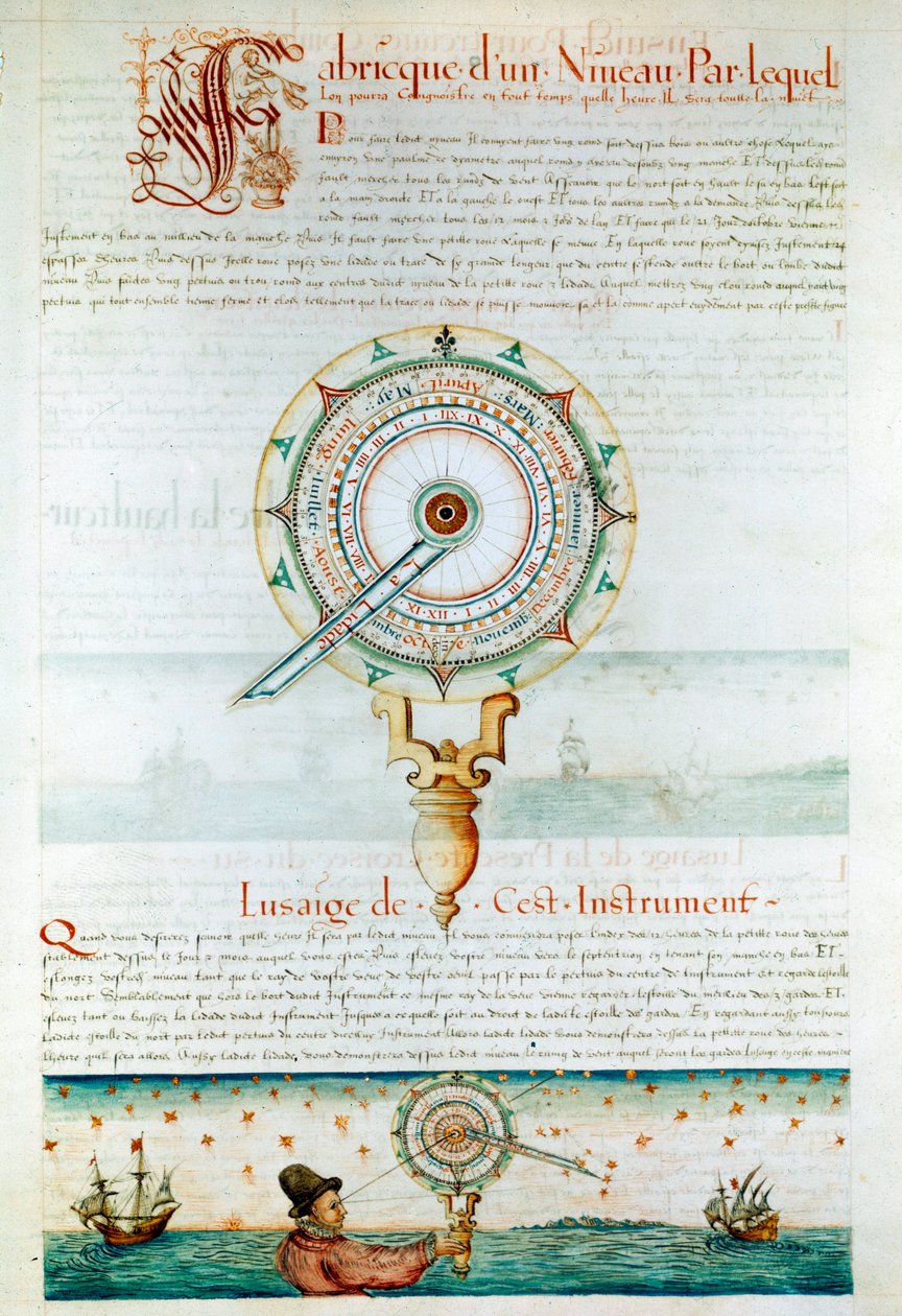Navigointilaitteet: astrolabia käyttävä navigaattori. Sivu otettu Jacques de Vaulxin "Les Premieres Works de Jacques Devaulx Pilot en la Marine" -teoksesta (1500-luku) tekijältä Jacques Devaulx
