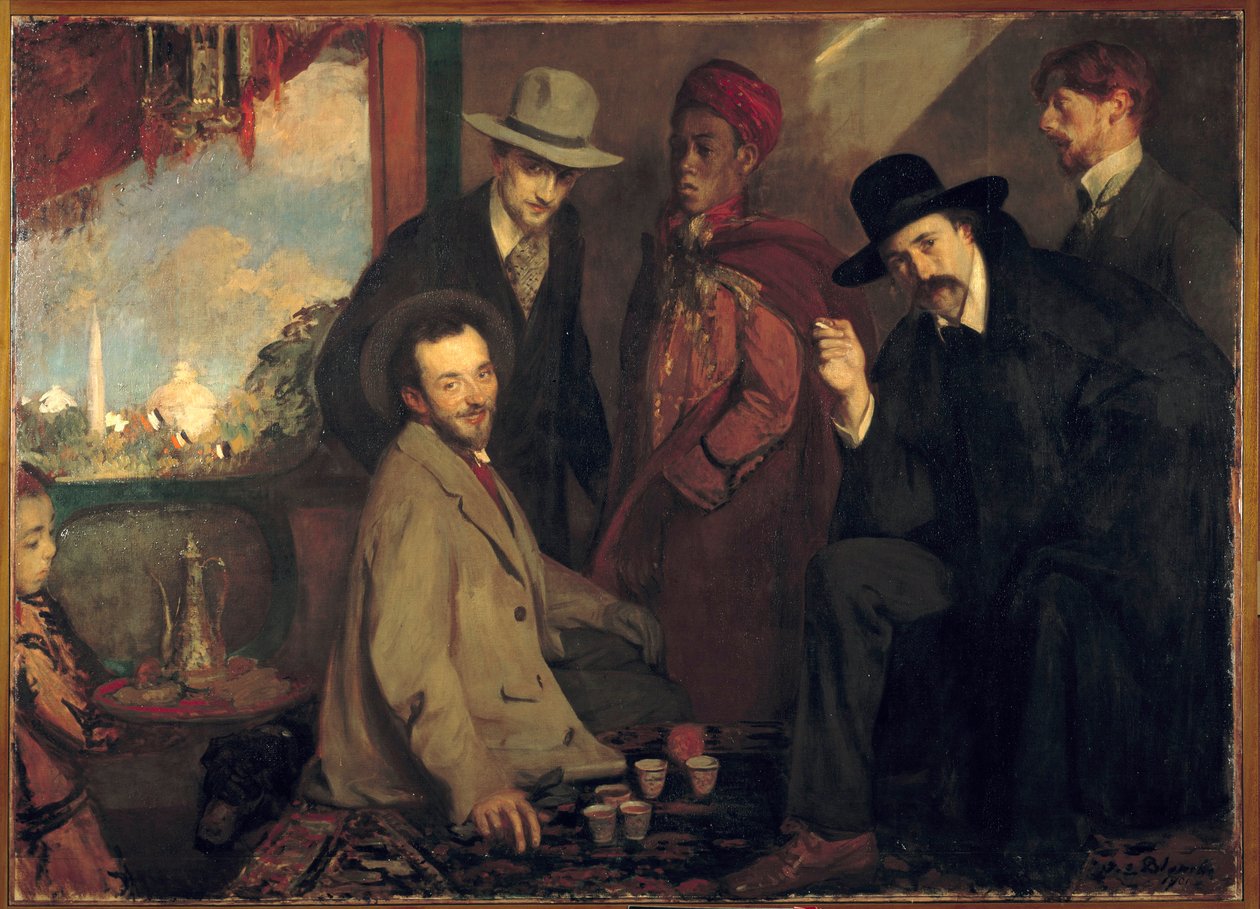 Andre Gide ja hänen ystävänsä vuoden 1900 maailmannäyttelyn kahvilassa Maure (Eugene Rouart; Charles Chanvin; Athman Ben Salah; Henri Gheon) Jacques Emilen (Jacques-Emile) Blanchen maalaus (1861-1942) 1900 su. 1,56 x 2,2 m Rouen, Musee des Beaux Arts tekijältä Jacques Emile Blanche