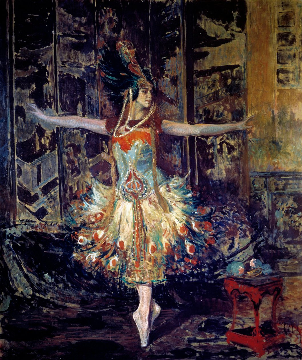Venäläinen tanssija Tamara Karsavina (1885-1978) Igor Stravinskyn (Stravinsky) säveltämässä baletissa "Fire Bird" tekijältä Jacques Emile Blanche