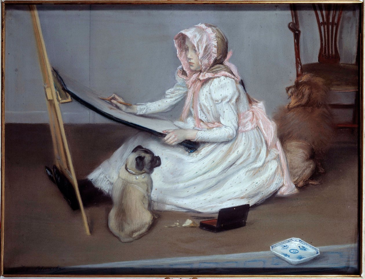 Nuori tyttö piirtää Jacques Emilen (Jacques-Emile) Blanchen (1861-1942) maalaus, 1900-luku. Rouen, Musee des Beaux Arts. tekijältä Jacques Emile Blanche