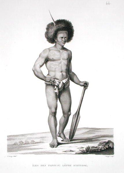 Papuasaaret: Lepran uhri, "Voyage Autour du Monde (1817-20)", Louis Claude Desaulses de Freycinet (1779-1842), kaiverrus Forget, julkaistu 1822-24 (litho) tekijältä Jacques Etienne Victor (after) Arago
