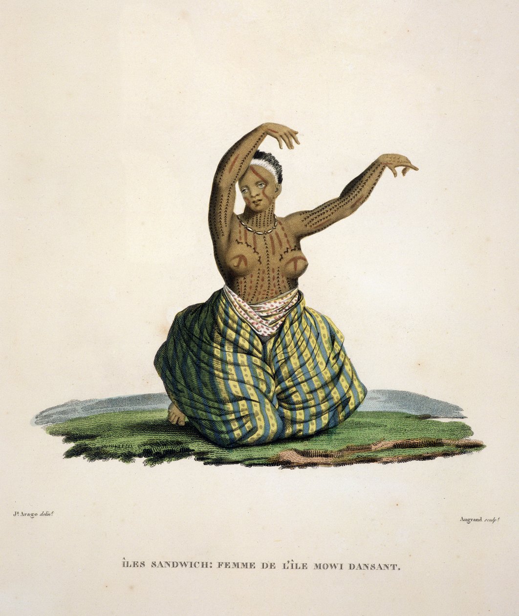 Tanssiva nainen Mauin saarelta Havaijin saarilta, kaiverrus Parfait Augrand (s.1782) tekijältä Jacques Etienne Victor Arago