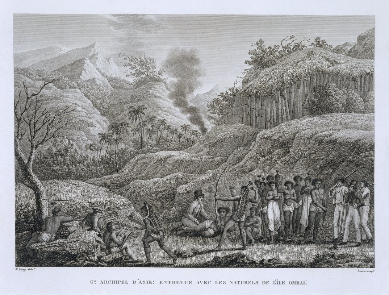 Suuri Aasian saaristo: Ranskalaiset tutkimusmatkailijat alkuperäiskansojen kanssa Ombain saarella, Voyage Autour du Mondesta (1817-20), Louis Claude De Saulces de Freycinet (1779-1842), kaiverrus Bovinet, julkaissut tekijältä Jacques Etienne Victor Arago
