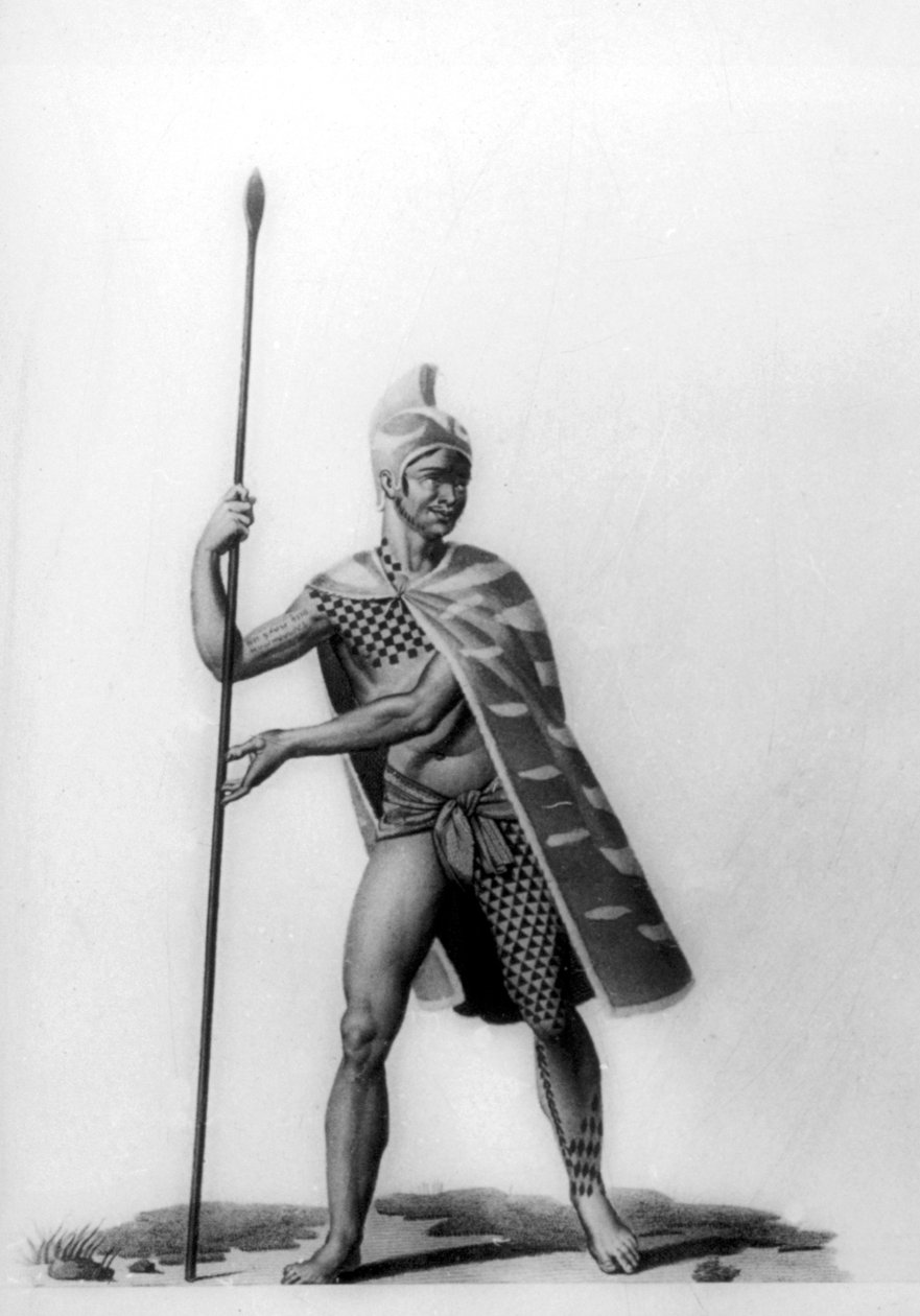 Nuori upseeri, jolla on tyypillinen malon puku, Havaiji, 1819 tekijältä Jacques Etienne Victor Arago