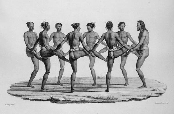Native Dance in the Caroline Islands, Voyage Autour du Monde sur les Corvettes de LUranie 1817-20, kaiverrus Lerouge and Forget, julkaistu 1825 tekijältä Jacques Etienne Victor after Arago