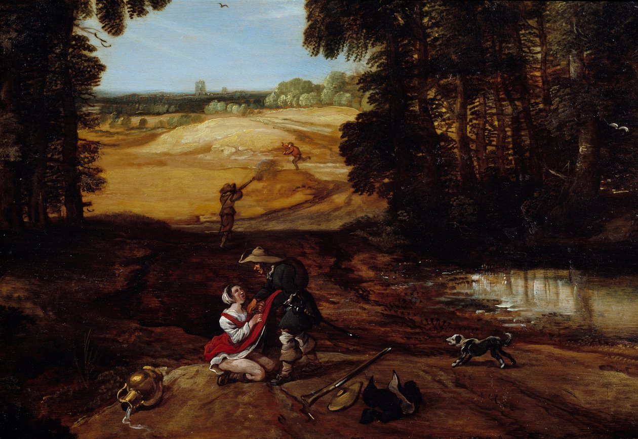 Väijytys. Jotkut rosvot metsässä saarnaavat naisen raiskaamisesta. Jacques Fouquieresin maalaus (1580-1659) tekijältä Jacques Fouquieres