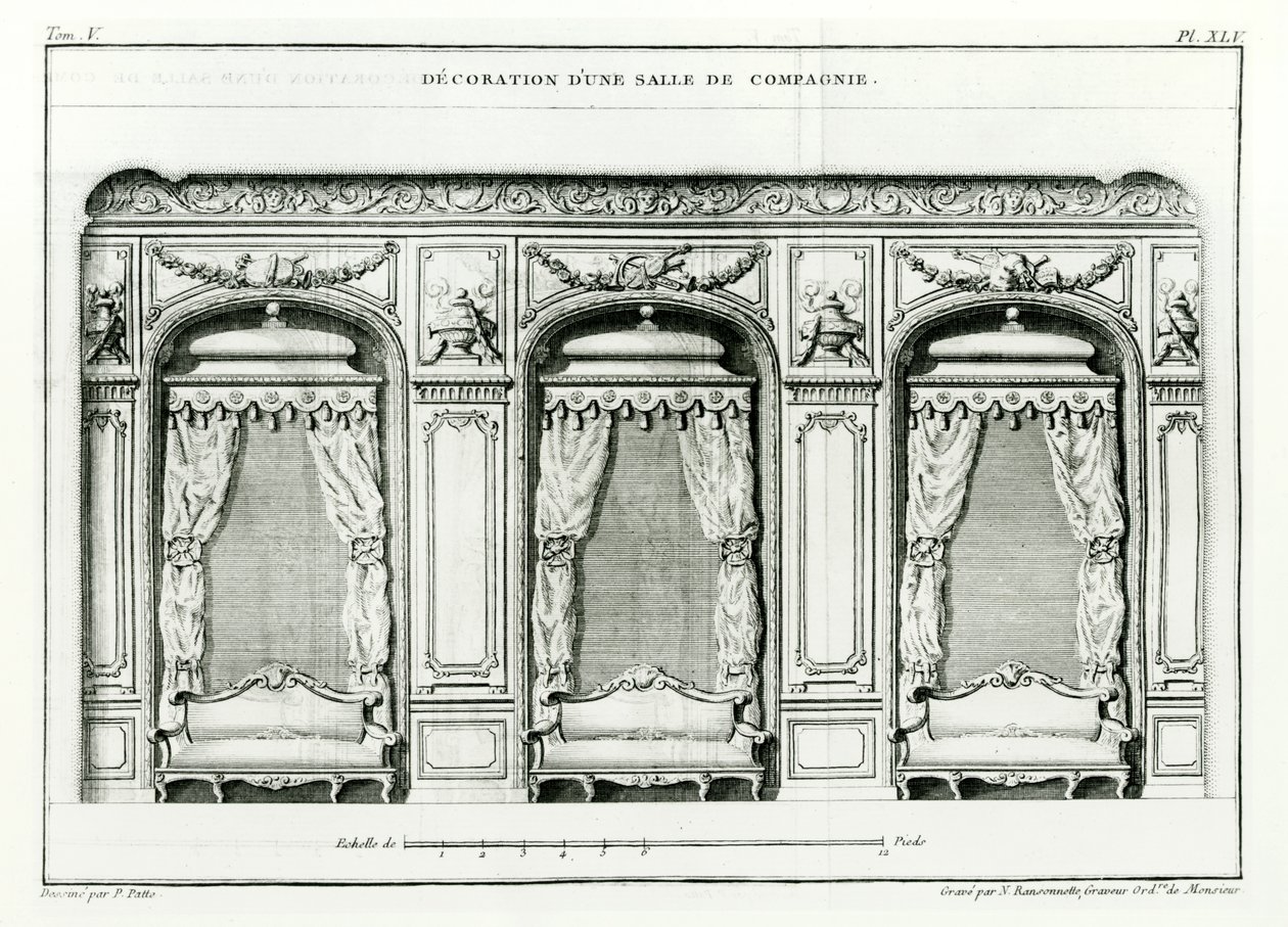 Älykäs pariisilainen salonki, vuodelta 1770 Cours dArchitecturesta, Pariisista, julkaissut 6 osaa vuosina 1771-1777 Blondel, Jacques-Francois (1705-74) sarja, jonka Pierre Patte viimeisteli hänen kuolemansa jälkeen, tekijältä Jacques François Blondel