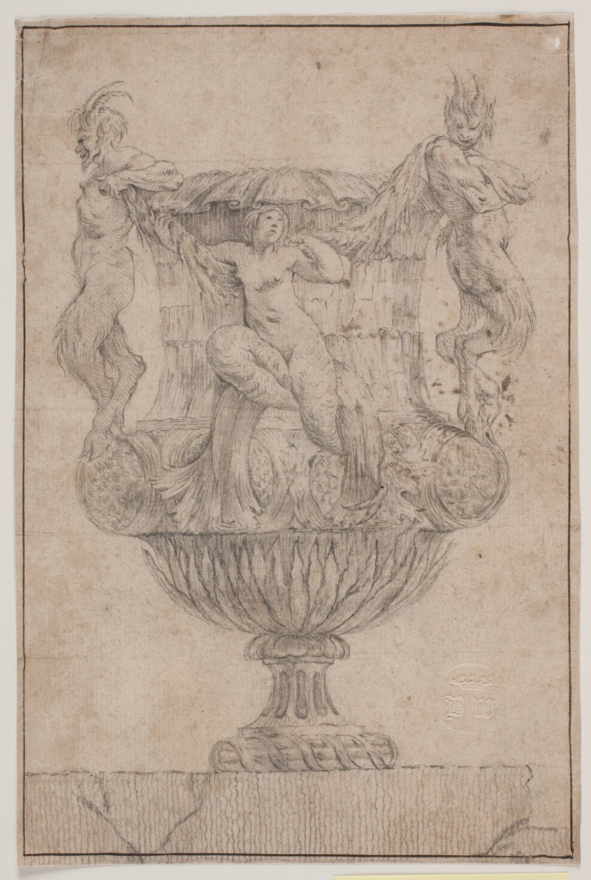 Koristeellinen maljakko, jossa Pan, faun ja nymfi. Kopioi Pl. 14 Salyn vuonna 1746 suunnittelemassa maljakosarjassa. "Vasa a se keksintö..." tekijältä Jacques Francois Joseph Saly