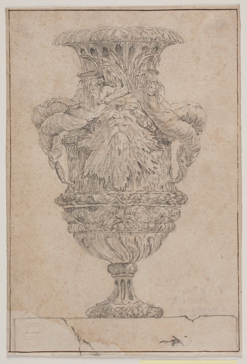 Koristemaljakko, jossa iso pää, merenjumala ja vesinymfi. Kopioi Pl. 26 Salyn vuonna 1746 suunnittelemassa maljakosarjassa. "Vasa a se keksintö..." tekijältä Jacques Francois Joseph Saly