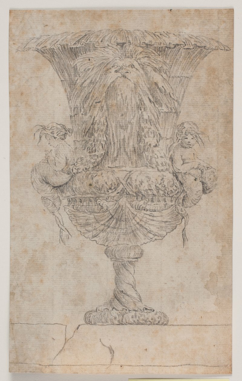 Koristeellinen maljakko kahdella putilla (merenneito?). Muokattu kopio (s. 9) Salyn vuonna 1746 piirtämien maljakoiden sarjassa. "Vasa a se keksintö..." tekijältä Jacques Francois Joseph Saly