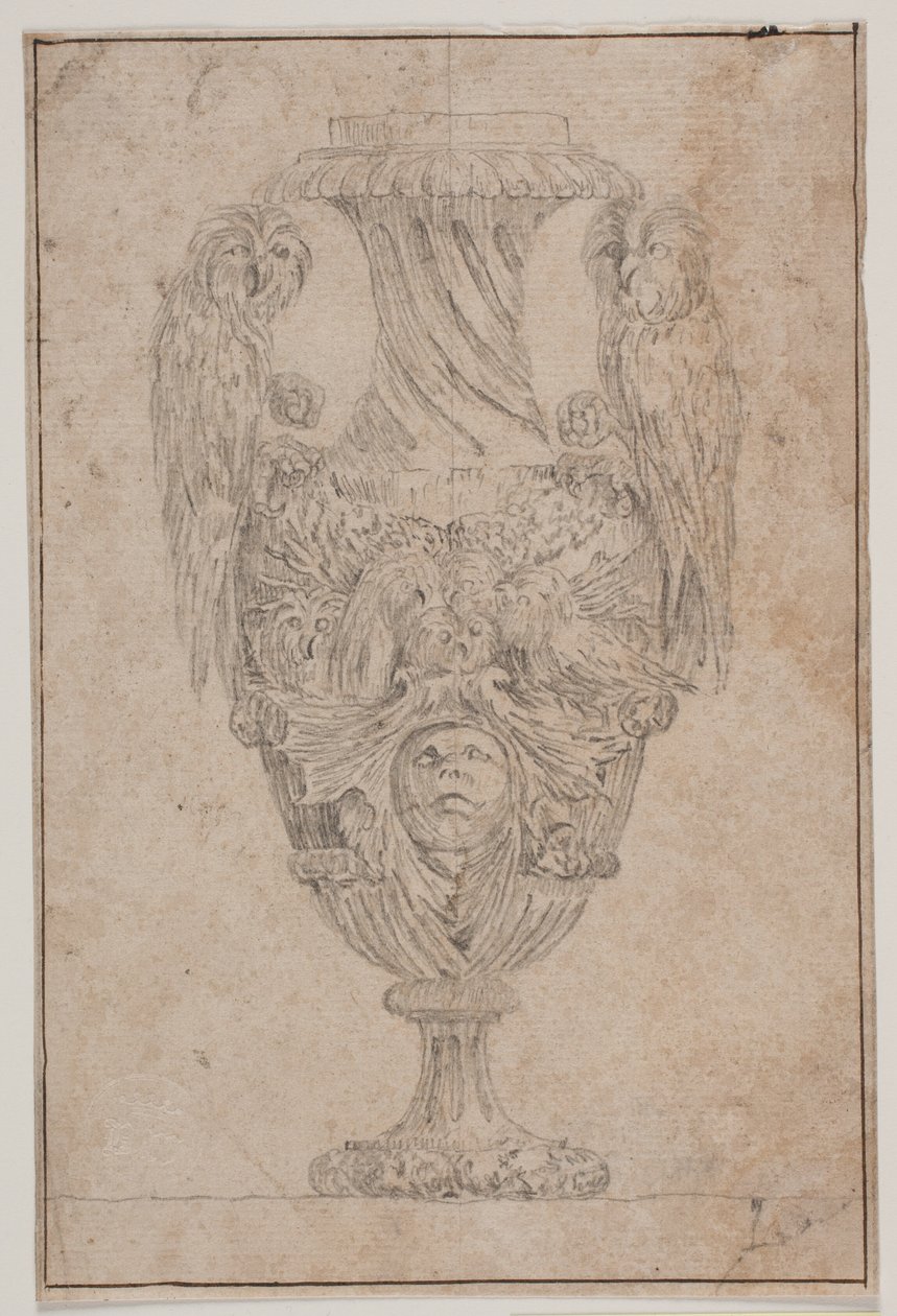 Koristeellinen maljakko kahdella pöllöllä ja päällä. Kopioi Pl. 15 Salyn vuonna 1746 piirtämässä maljakosarjassa "Vasa a se inventa..." tekijältä Jacques Francois Joseph Saly