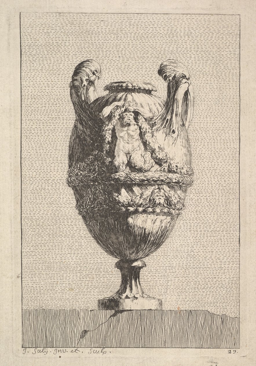 Maljakko, jossa miessireenillä on seppele, vuodelta: Maljakot, 1746. tekijältä Jacques Francois Joseph Saly