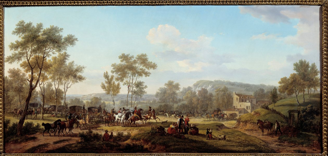 Kilpailu Longchamps Attelagesin ja ratsastajien läheisyydessä Pariisin maaseudulla. Jacques Francois Joseph Swebachin maalaus Dit Fontaine (tai Desfontaines tekijältä Jacques Francois Joseph Swebach